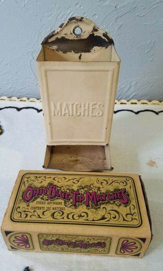 Vintage Tin Match Container With Empty Box Of Ohio Blue Tip Matches