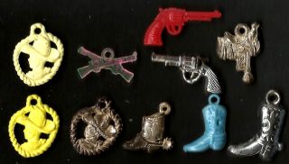 (10) Vintage Silver & Colored Western Charms From Old Gum Ball Machine 1950 