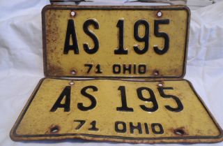 Vintage Pair 1971 Ohio License Plate As 195 Black On Gold Acceptable