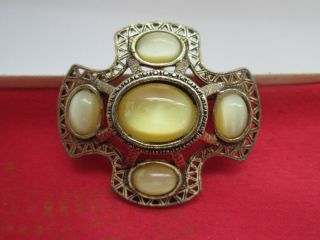 Vintage Signed Miracle Lemon Glass Moonstone Celtic Cross Pendant Brooch Pin