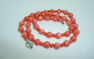 Vintage Salmon Pink Coral Bead Necklace - 18k White Gold Plated Catch