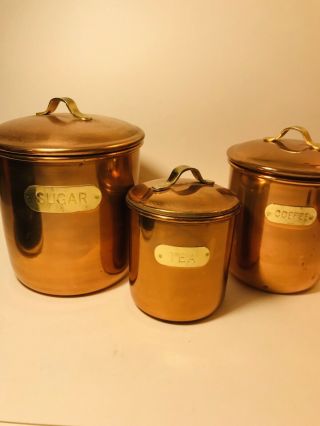 Vintage Copper Stainless Steel Nesting 3 Piece Canister Set Coffee / Tea/ Sugar