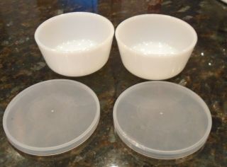 2 Vintage Fire King White Milk Glass Custard Ramekin Cups Bowls With Lids