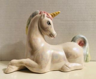 Vintage Porcelain Unicorn Figurine Rainbow Main & Tail With An Iridescent Finish