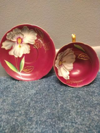 Vintage Trimont China Tea Cup And Saucer Hibiscus Flower Made In Occupied Japan
