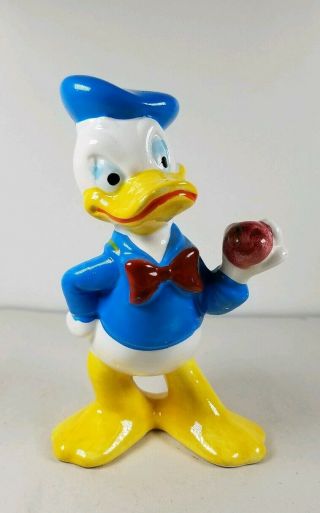 Vintage Walt Disney Productions Japan 5” Porcelain Donald Duck W/ Apple Figurine