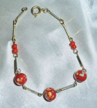 Vintage Painted Red - Bead & Goldtone Chain Bracelet - Child Or Small Adult 6 3/4 "