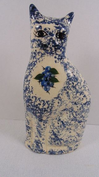 Vtg Ceramic Kitty Cat Hand Painted Floral Blueberries11 " Figurine
