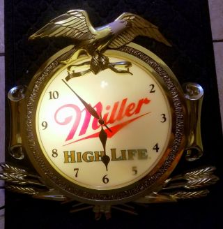 Vintage Miller High Life Beer Lighted Zoizel Clock Sign Golden Eagle Pics