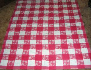 Vtg Cotton Simtex Tablecloth Ivy On Red And White Checks 1960s 56 " X 64 "