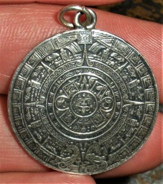 Vintage C1940 Mexican Sterling Silver Mayan Aztec Calendar Sun Pendant Vafo