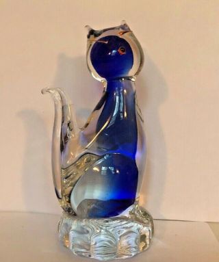 Vintage Murano Art Glass Blue Mid Century Modern Cat Figurine