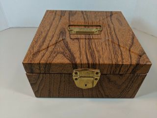 Cool Vtg 1960s Ballonoff Porta Check File Wood Grain Metal Lock Box With Key