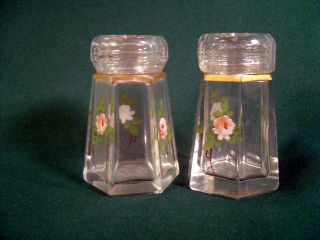 Vintage Clear Glass Hand Painted " Roses " Salt & Pepper Shakers
