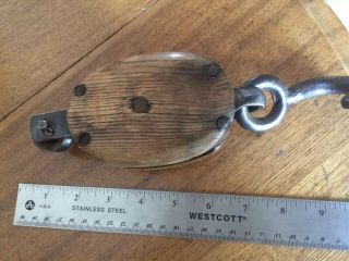 Antique Vintage Block Tackle Pulley Wood Hoist With Iron Hook