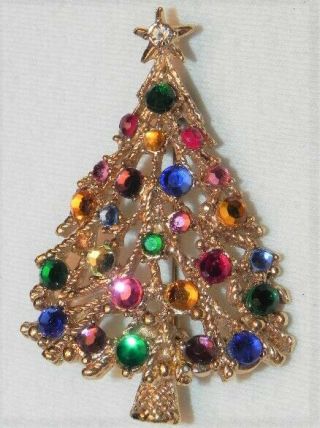 Vintage Red Green Rhinestone Christmas Tree Pin Gold Tne Flat Back Stones Brooch