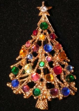 Vintage Red Green Rhinestone Christmas Tree Pin Gold Tne Flat Back Stones Brooch 2