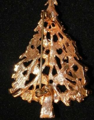 Vintage Red Green Rhinestone Christmas Tree Pin Gold Tne Flat Back Stones Brooch 3