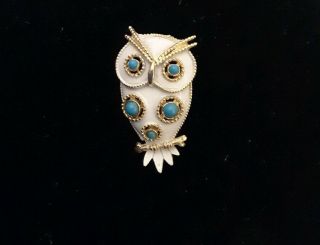 Vintage J.  J.  Owl Bird Pin Brooch White With Turquoise Stones