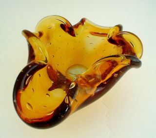 Vintage Murano Amber Art Glass Dish With Controlled Bubbles And Clear Inclusions