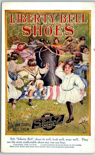 Vintage Selz Liberty Bell Shoes Advertising Postcard Poster Art Chicago C1910s