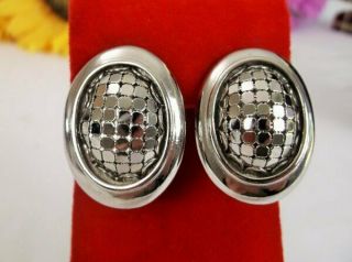 Vintage Whiting Davis Silver Mesh Large Oval Clip Earrings Unusual Trembler Clip