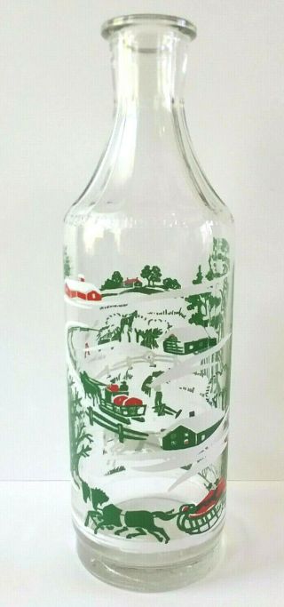 Owens Illinois Oi Glass Water Juice Bottle Snowy Winter Country Scene Vintage