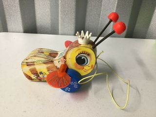 Fisher Price Queen Buzzy Bee Wood Vintage Pull Toy Vtg