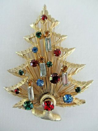 Vtg Brooks Signed Christmas Tree Wire Pin Brooch Rhinestone Candles
