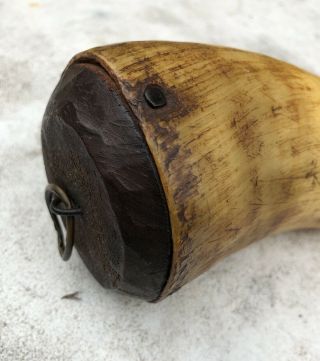 Antique Vintage Powder Horn Hand Carved Black Powder Horn - Wood End And Plug. 3