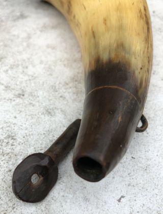 Antique Vintage Powder Horn Hand Carved Black Powder Horn - Wood End And Plug. 4