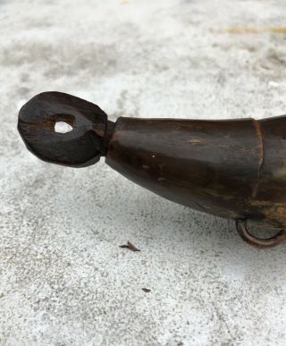 Antique Vintage Powder Horn Hand Carved Black Powder Horn - Wood End And Plug. 7