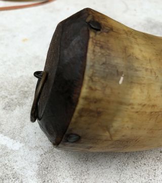 Antique Vintage Powder Horn Hand Carved Black Powder Horn - Wood End And Plug. 8