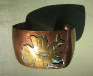Hammered Bird Cuff Bracelet Mexico Vintage Mixed Metals Tribal Copper Brass