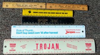 6 Vintage Seed & Feed Rulers.  Nc,  Crows,  Jacques,  Trojan & Full - O - Pep