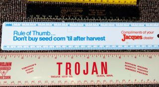 6 Vintage SEED & FEED RULERS.  NC,  CROWS,  JACQUES,  TROJAN & Full - O - Pep 3