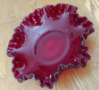 Vintage Fenton Art Glass Ruby Red Hobnail Pattern Ruffled Bowl/candy Dish 7.  5 "