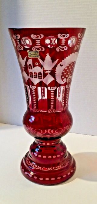 Vintage Egermann Bohemian Ruby Red Cut To Clear Castle Etched Glass Vase