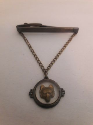 Unusual Vintage Boy Scout Cub Scout Tie Bar Clip With Glass Wolf Pendant /hickok