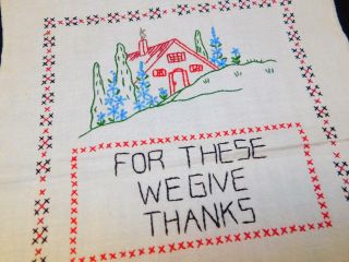 Vintage Completed Linen Sampler For These We Give Thanks 12x15 " Embroidered
