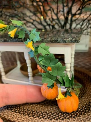 Vintage Miniature Dollhouse Artisan FALL Sculpted Pumpkins Vines Yellow Flowers 2