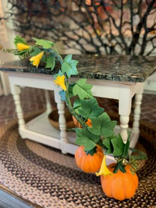 Vintage Miniature Dollhouse Artisan FALL Sculpted Pumpkins Vines Yellow Flowers 3