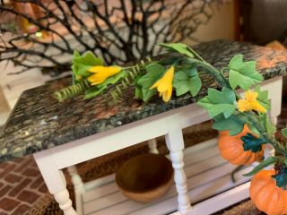 Vintage Miniature Dollhouse Artisan FALL Sculpted Pumpkins Vines Yellow Flowers 5