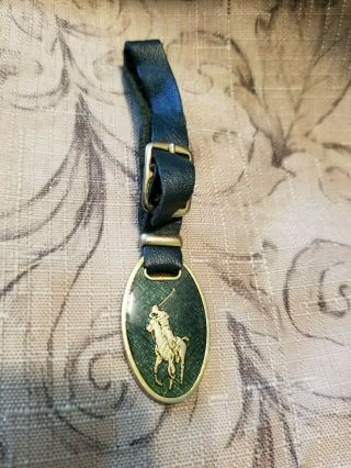 Vintage Polo Ralph Lauren Green Enamel & Brass Luggage Tag On Leather Strap