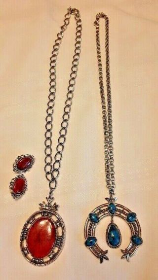 2 Vintage Southwest - Style Fashion Necklaces And 1 Pair Matching Clip - On Earrings