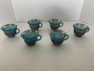 Vintage Set Of 6 Indiana Glass Iridescent Blue Carnival Harvest Grape Punch Cup