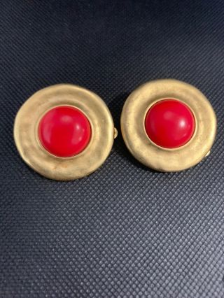 A2 Vintage Erwin Pearl Pep Gold Red Clip On Earrings 1.  5”