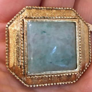 Vintage Square Gold Tone Pin Brooch With Large Light Green Colored Stone