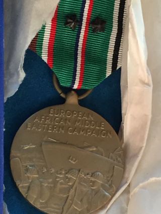 VINTAGE WWII EAME Campaign & Service Medal with Ribbon & 2 Battle Stars Boxed 2