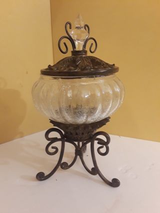 Glass Trinket/candy Dish With 3 Footed Wrought Iron Base & Lid With Crystal Spir